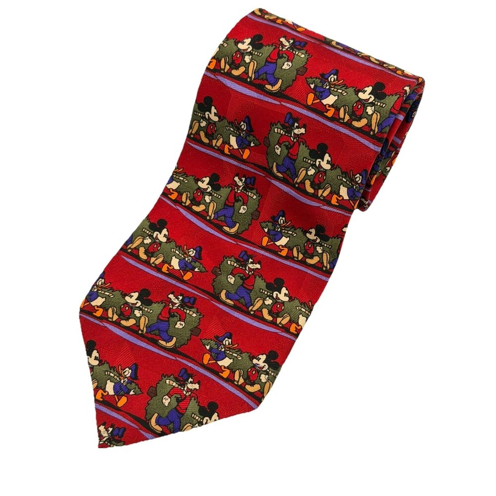 The Disney Store Christmas Tie Mickey Mouse Goofy Donald Duck With Tree Red Silk